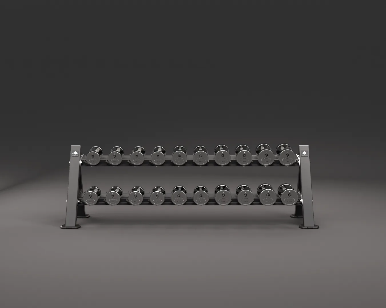 Skelcore Commercial Urethane Dumbbell Sets arranged on heavy-duty storage racks